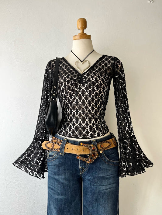 Bell-sleeved mesh top