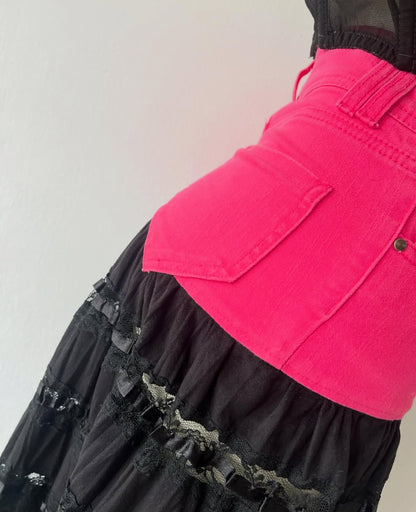 Black lace skirt with pink jeans