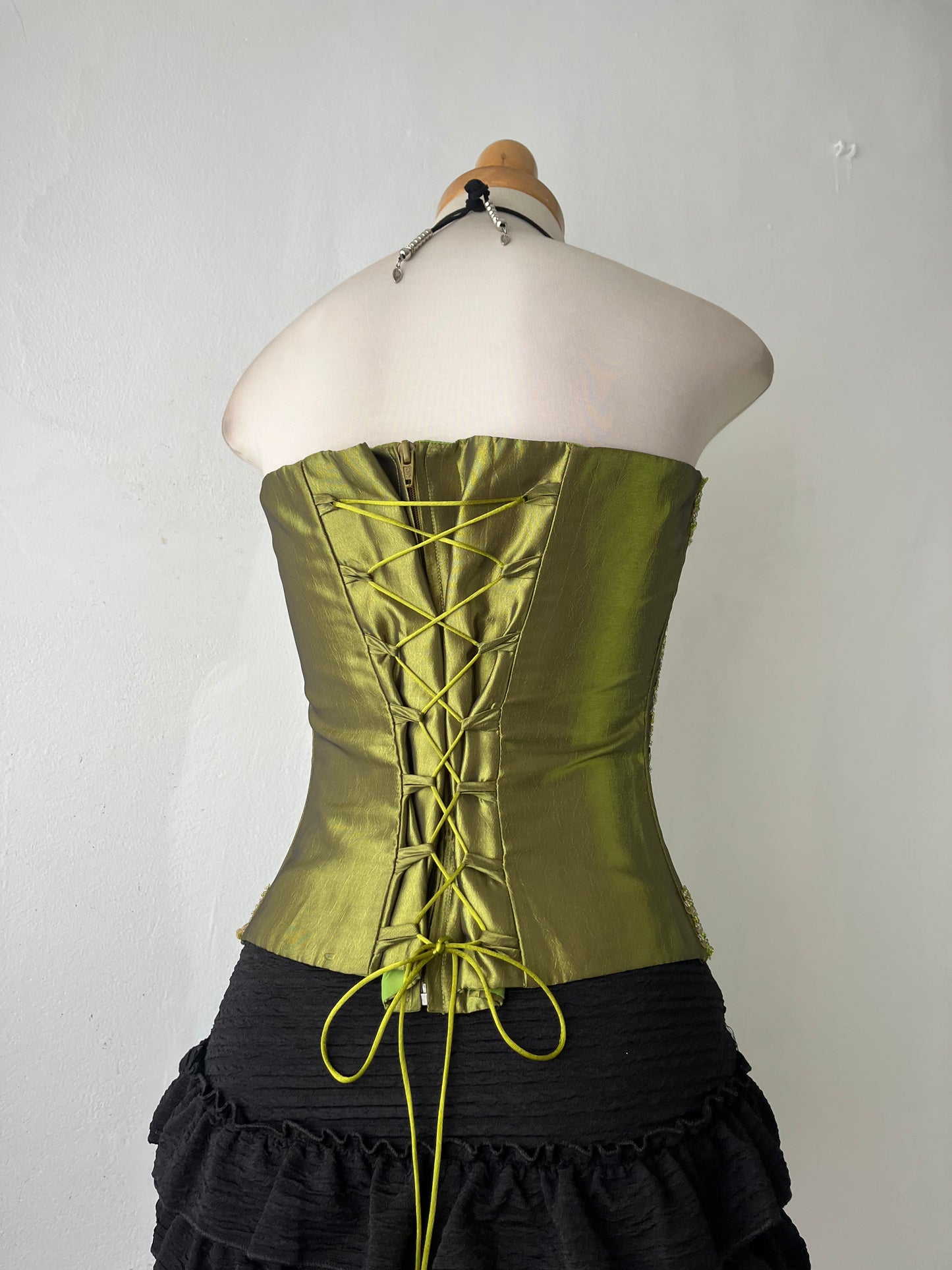 Iridescent corset with rhinestone embroidery