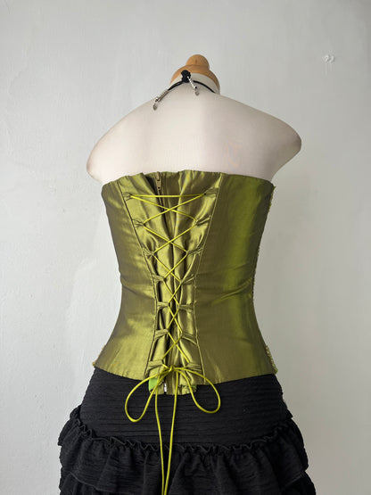 Iridescent corset with rhinestone embroidery