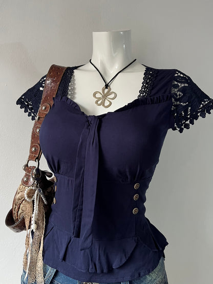 Coquette blue top with lace sleeves