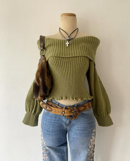 Off-shoulder sweater olive green