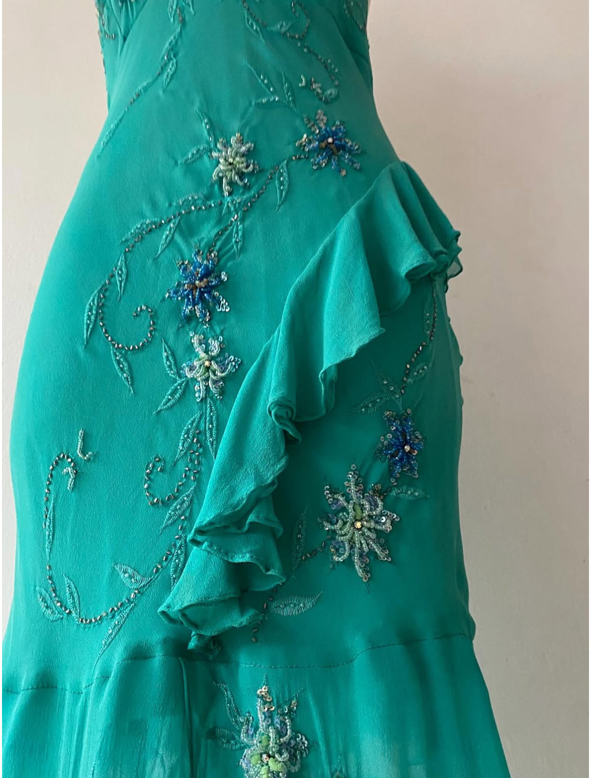 Turquoise silk dress with sequins