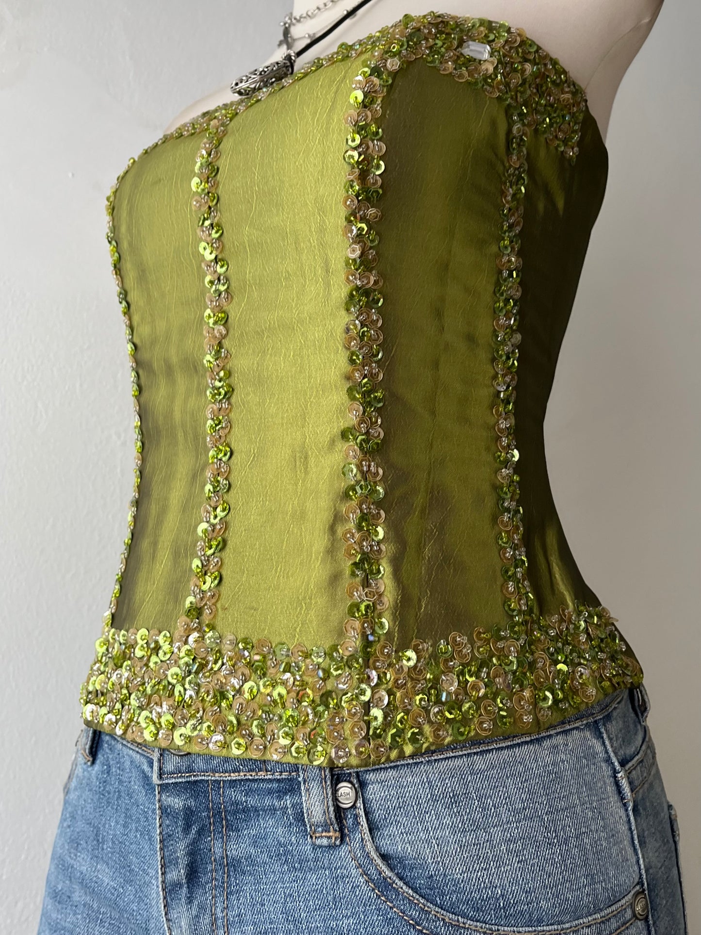 Iridescent corset with rhinestone embroidery