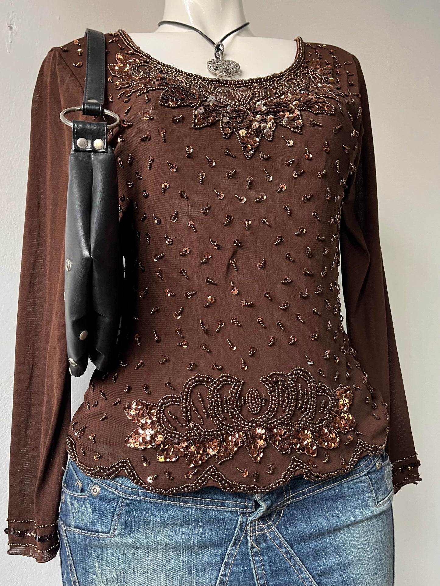 Brown sequin long sleeve top