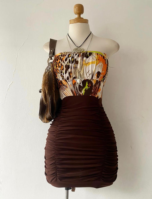Brown poly dress with animal print