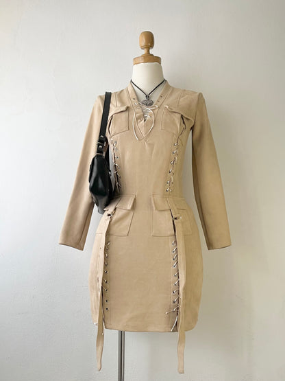 Beige velvet cargo dress