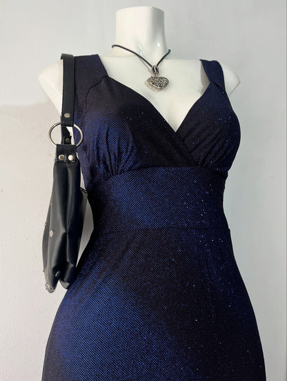 Long noir and blue glitter dress with back bow