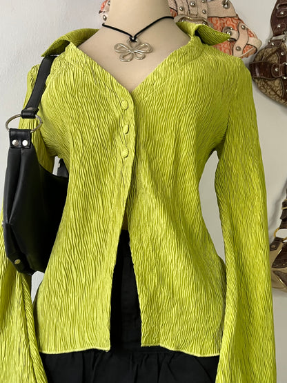 Lime green blouse with super flared sleeves