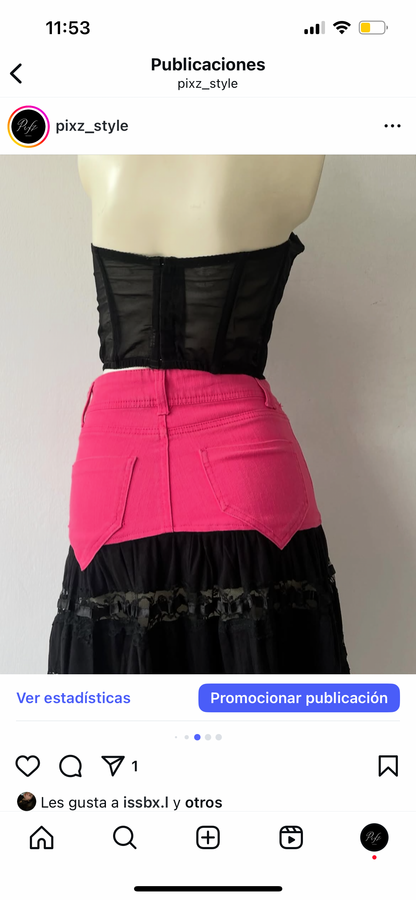 Black lace skirt with pink jeans