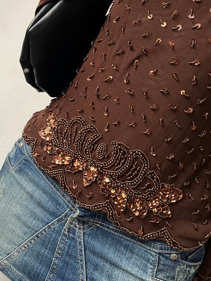 Brown sequin long sleeve top