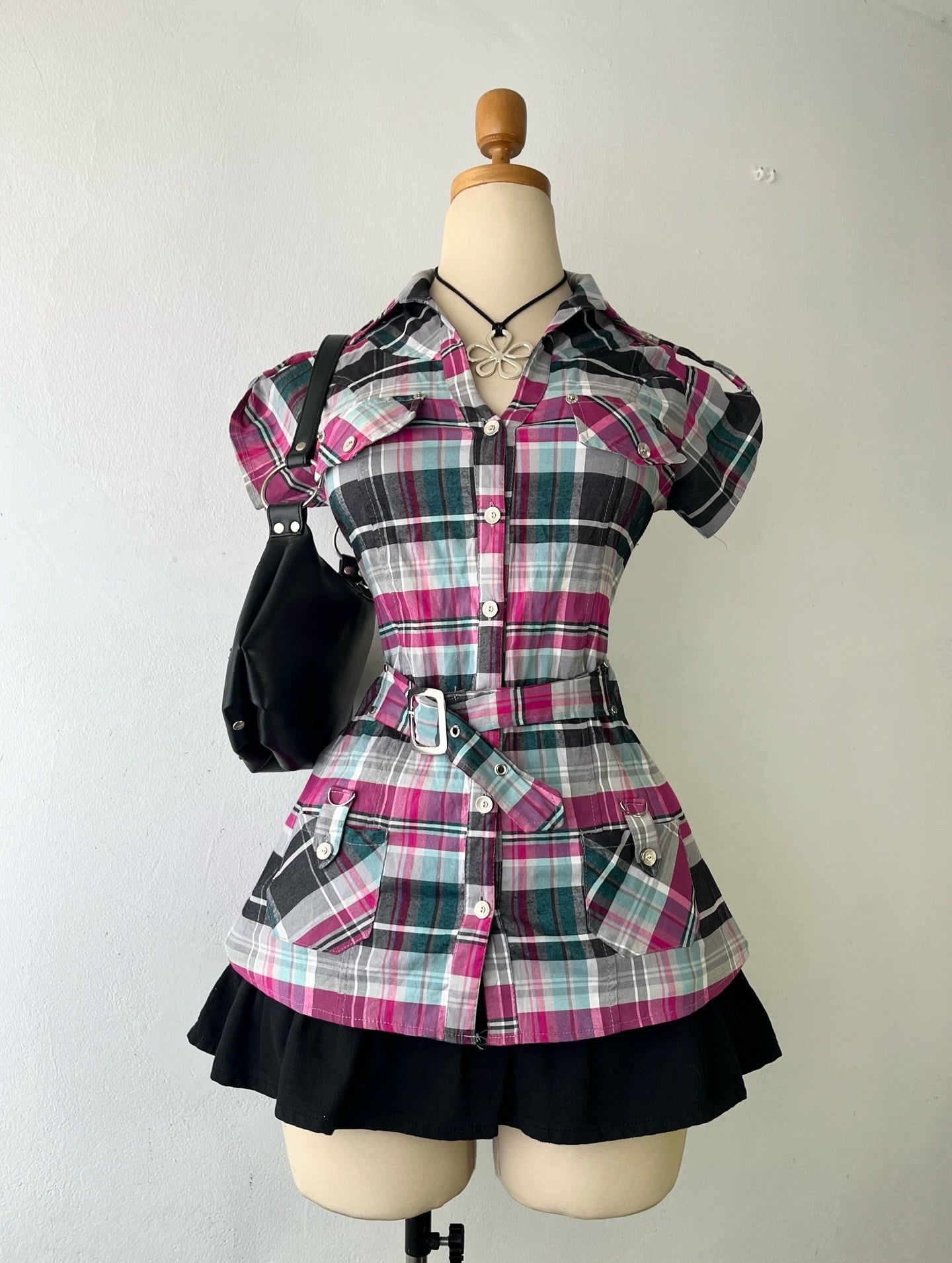 Plaid blouse with belt