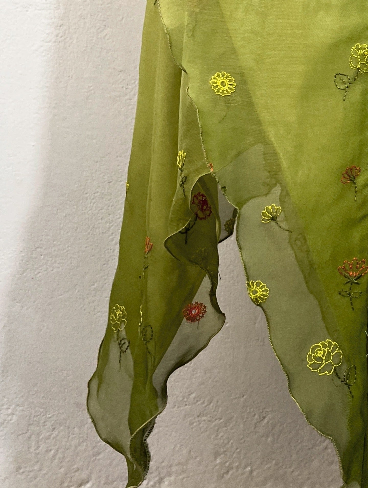 Olive green fairy dress with floral embroidery