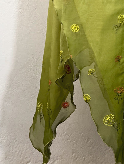 Olive green fairy dress with floral embroidery