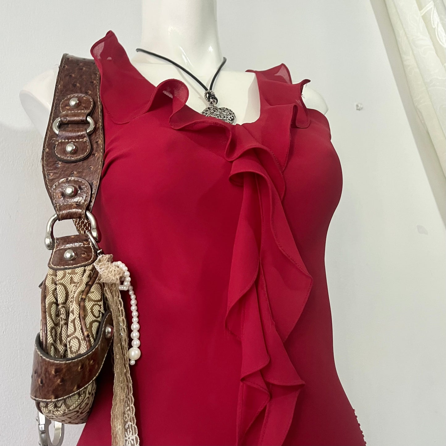 Burgundy assymetrical dress with floral embrodery