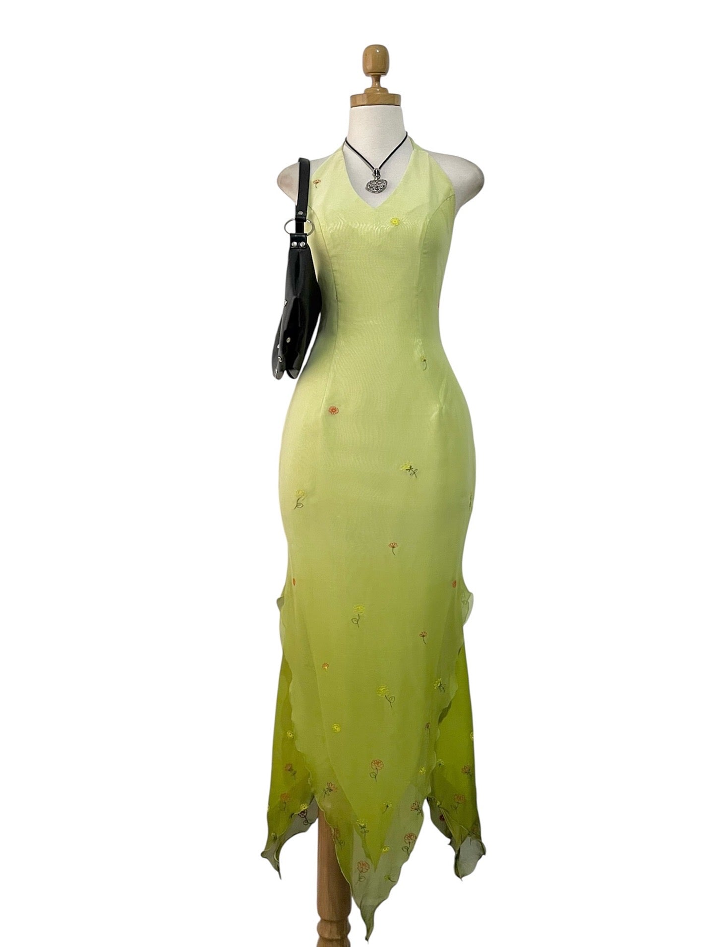 Olive green fairy dress with floral embroidery