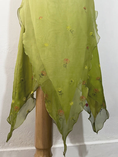 Olive green fairy dress with floral embroidery