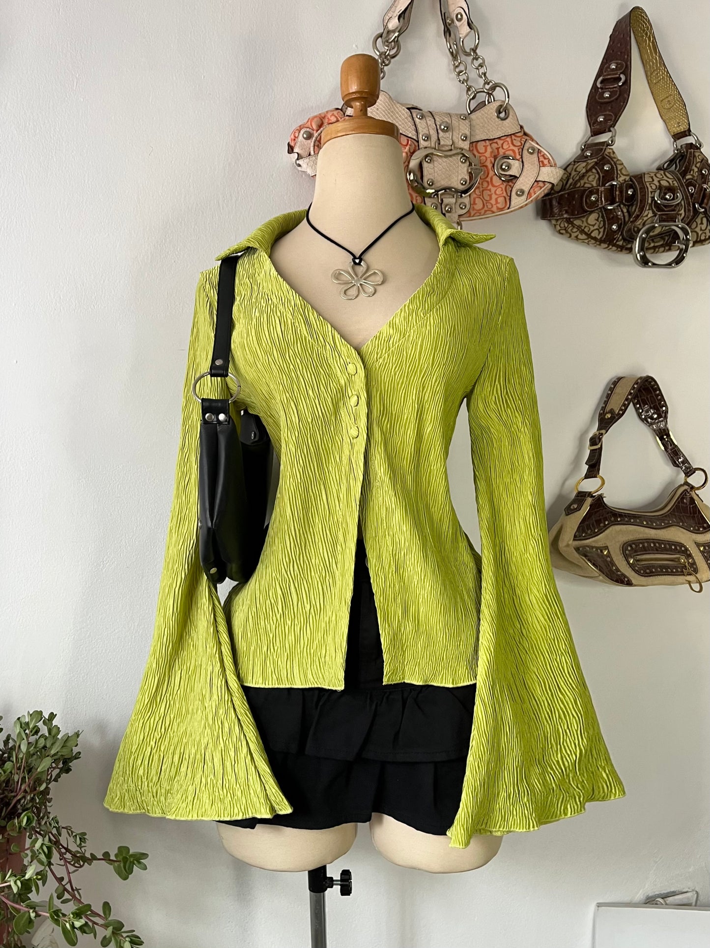 Lime green blouse with super flared sleeves