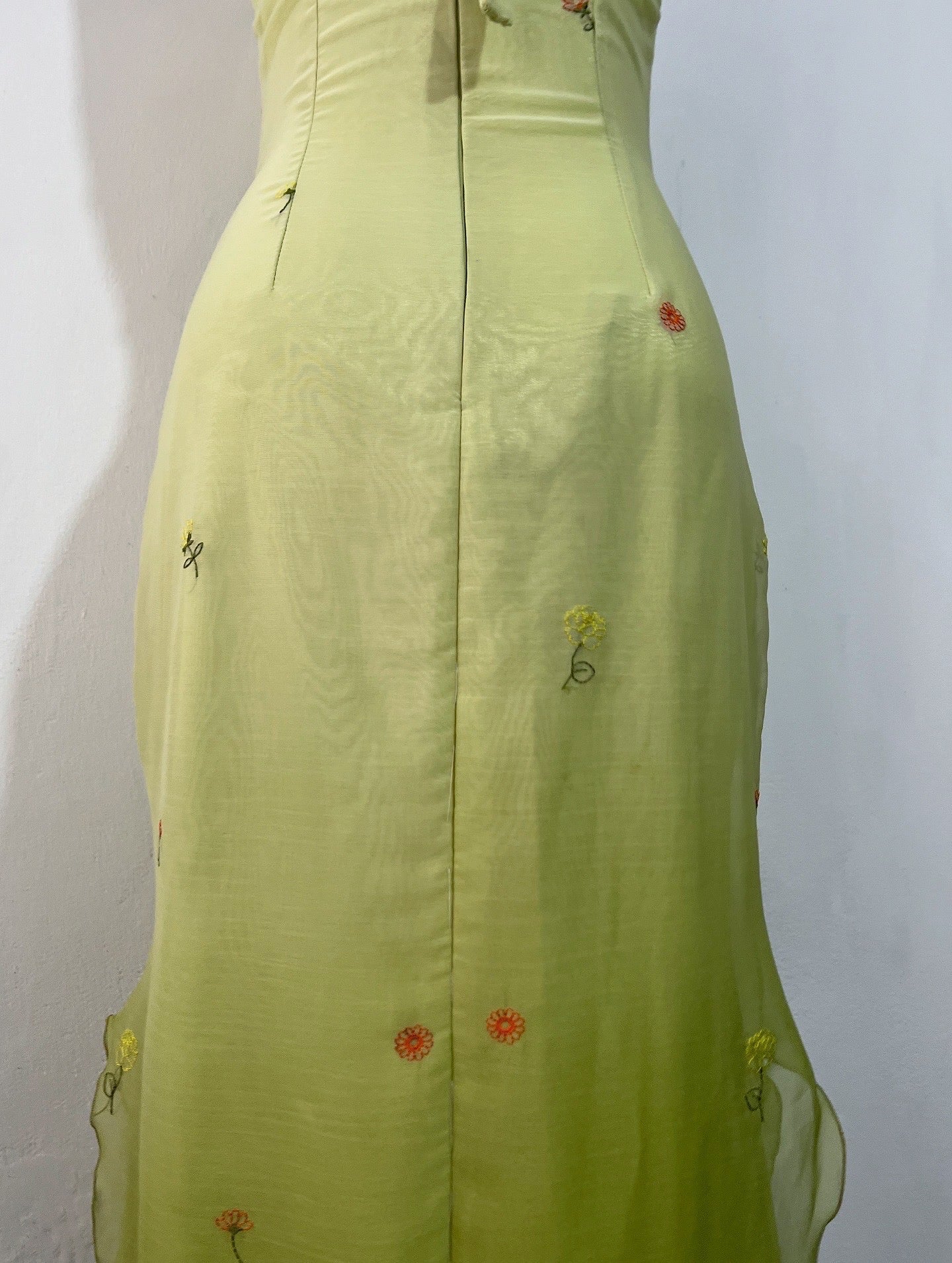 Olive green fairy dress with floral embroidery