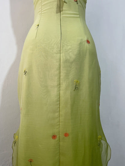 Olive green fairy dress with floral embroidery
