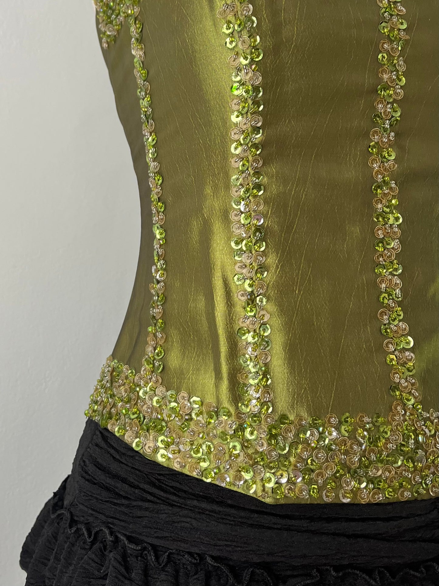 Iridescent corset with rhinestone embroidery