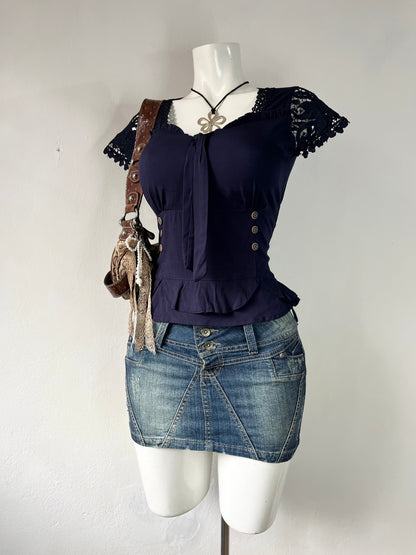 Coquette blue top with lace sleeves