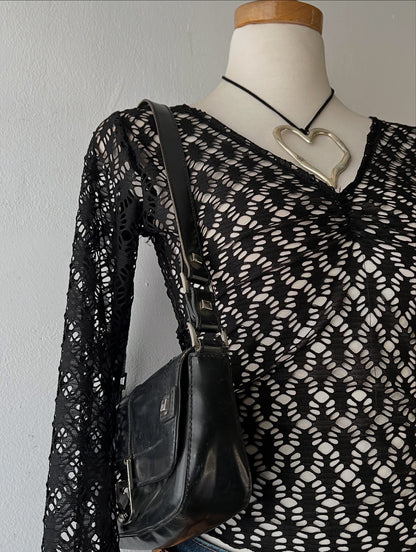 Bell-sleeved mesh top