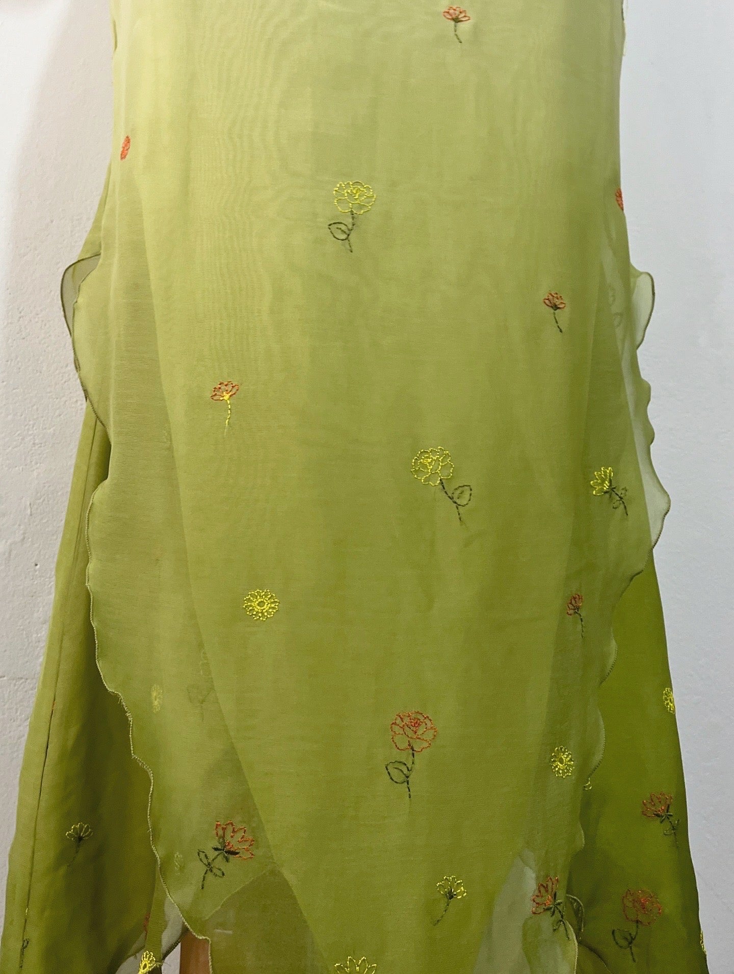 Olive green fairy dress with floral embroidery