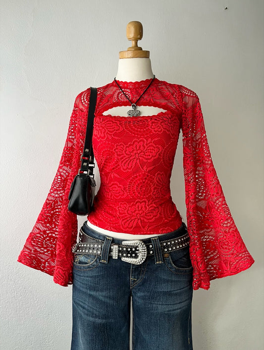 Flared sleeves red lace top