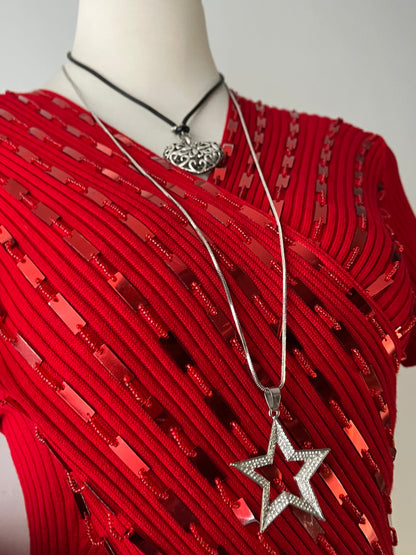 Red sequined wrap top