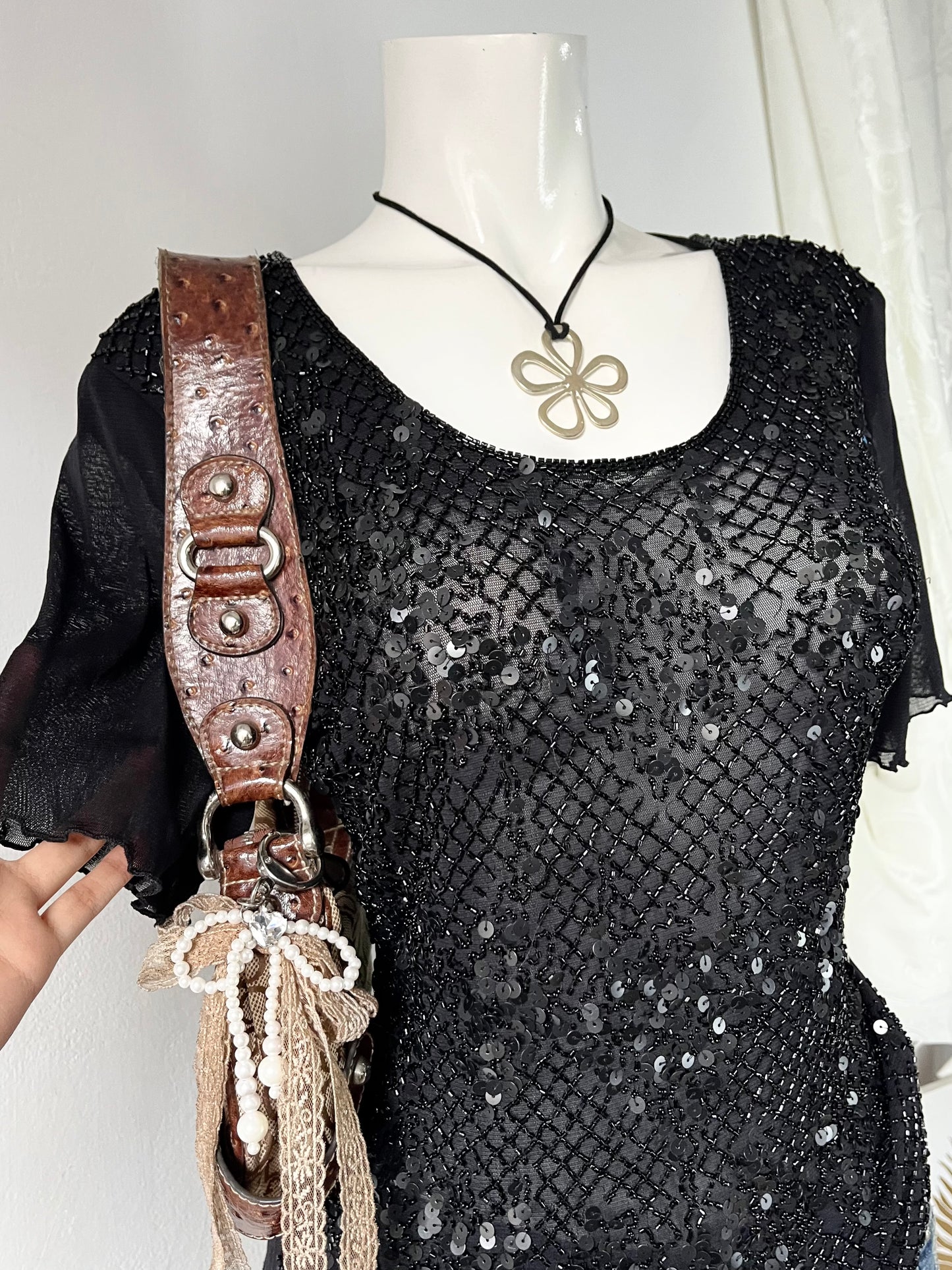 Noir mesh top with sequins and rhinestones