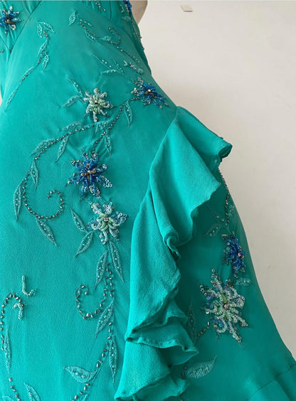 Turquoise silk dress with sequins