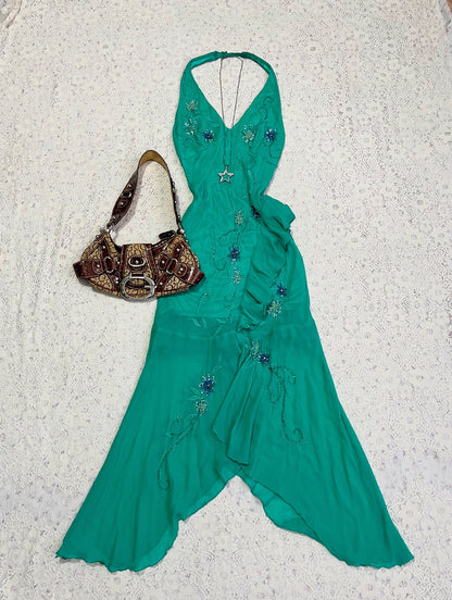 Turquoise silk dress with sequins