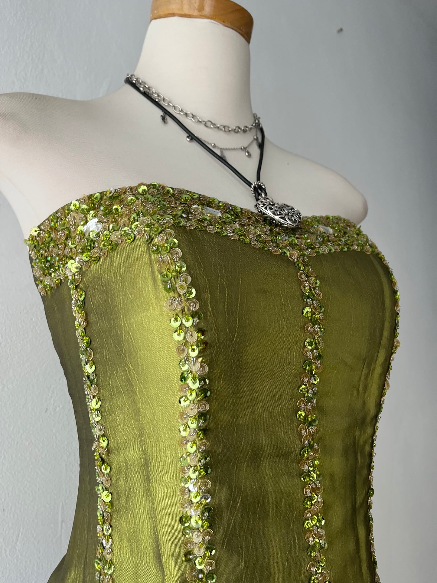 Iridescent corset with rhinestone embroidery