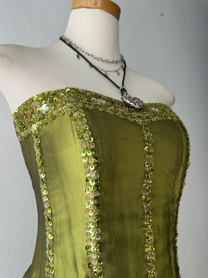 Iridescent corset with rhinestone embroidery