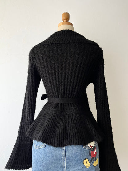 Wool cardigan with bow and flared sleeves