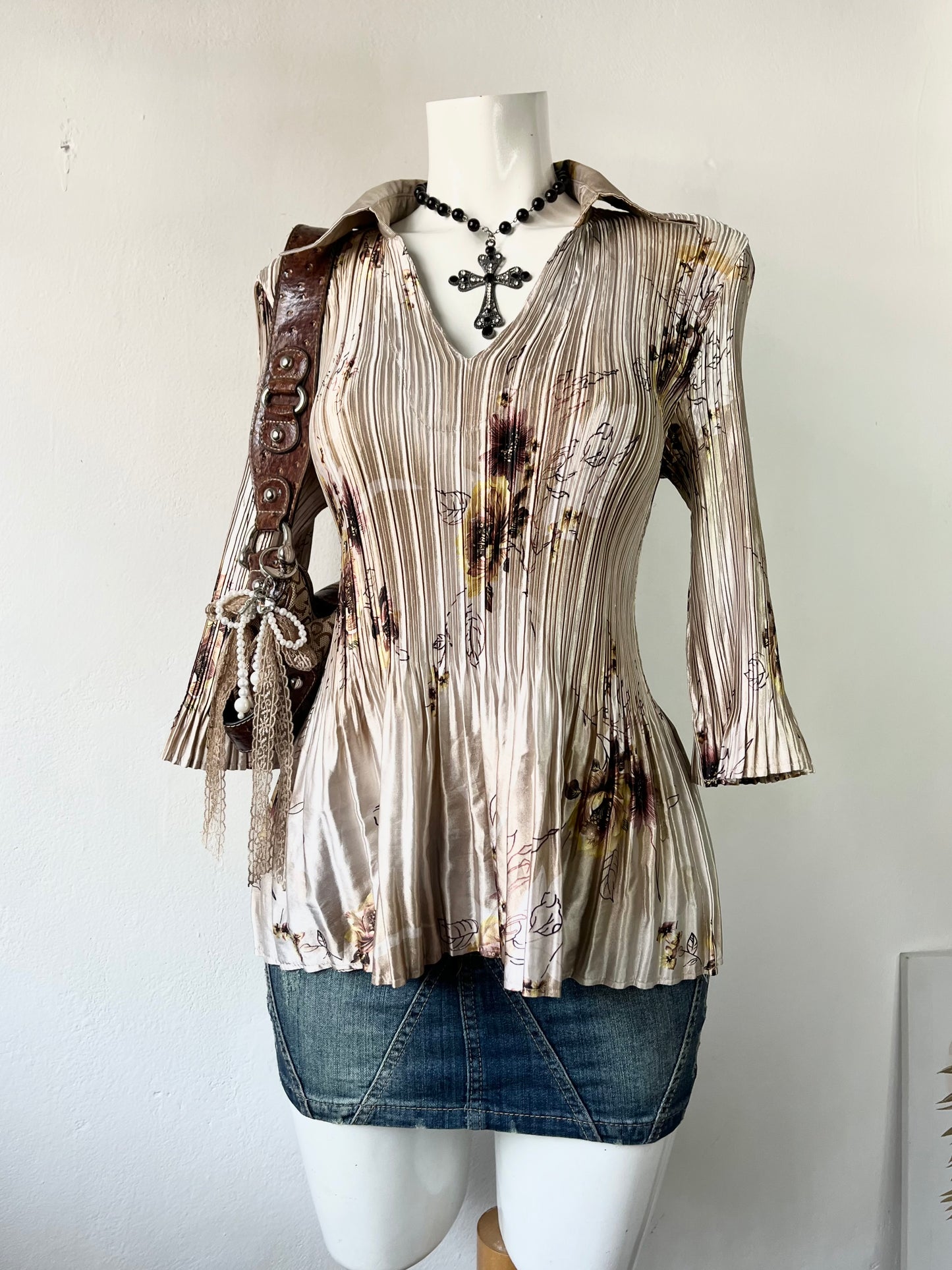 Floral satin silk blouse- size M