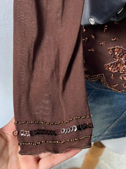Brown sequin long sleeve top