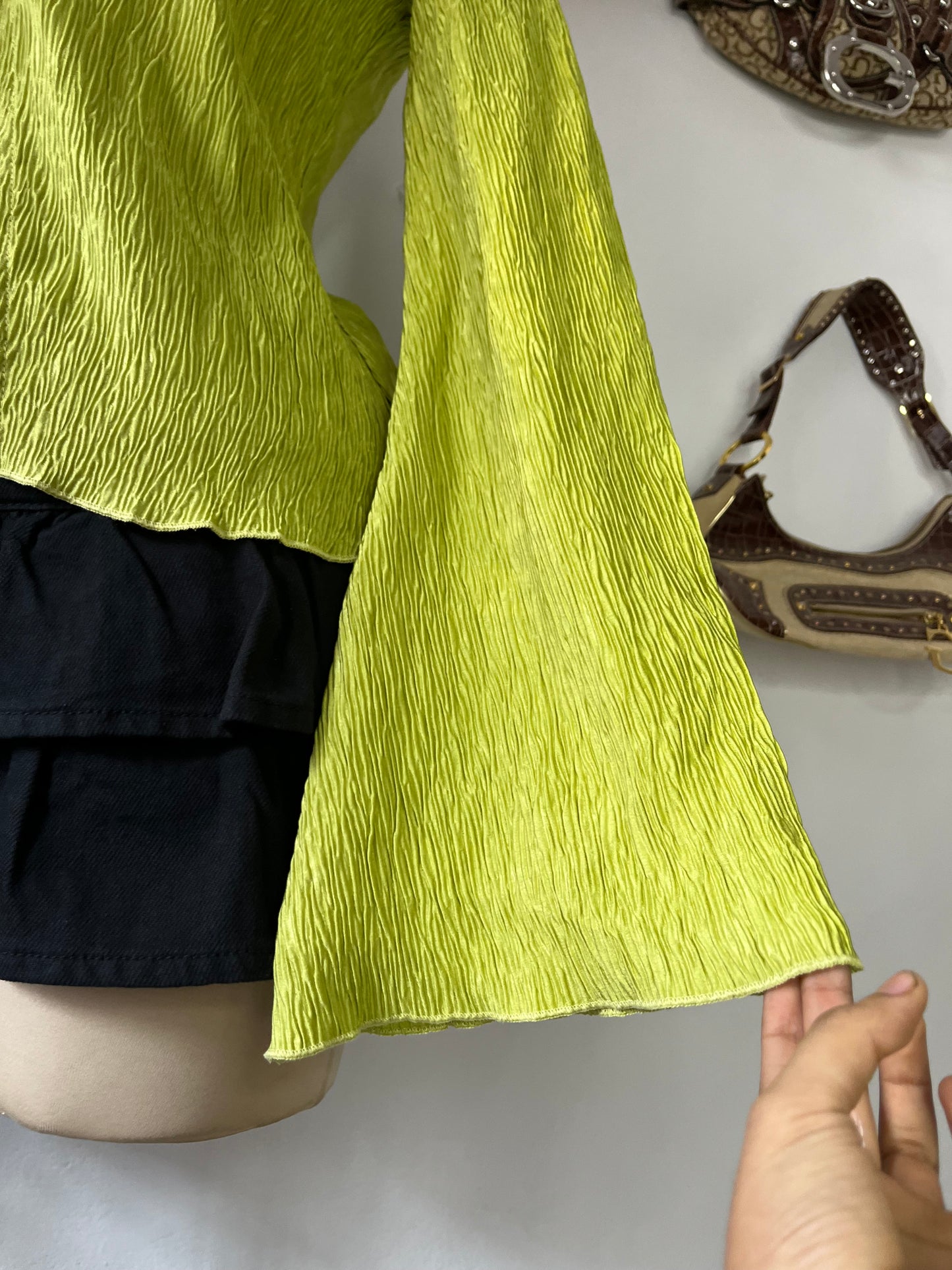 Lime green blouse with super flared sleeves