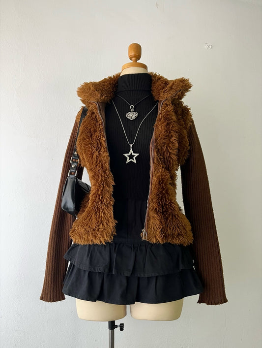 Plush jacket with knitted wool sleeves