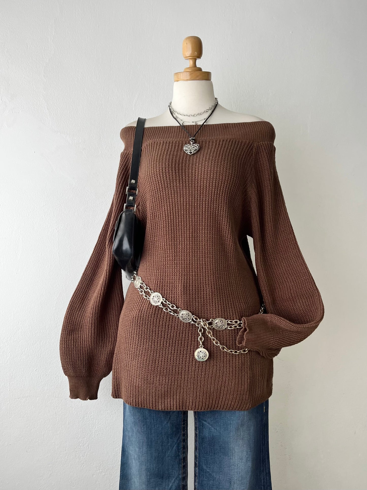 Brown off-the-shoulder sweater