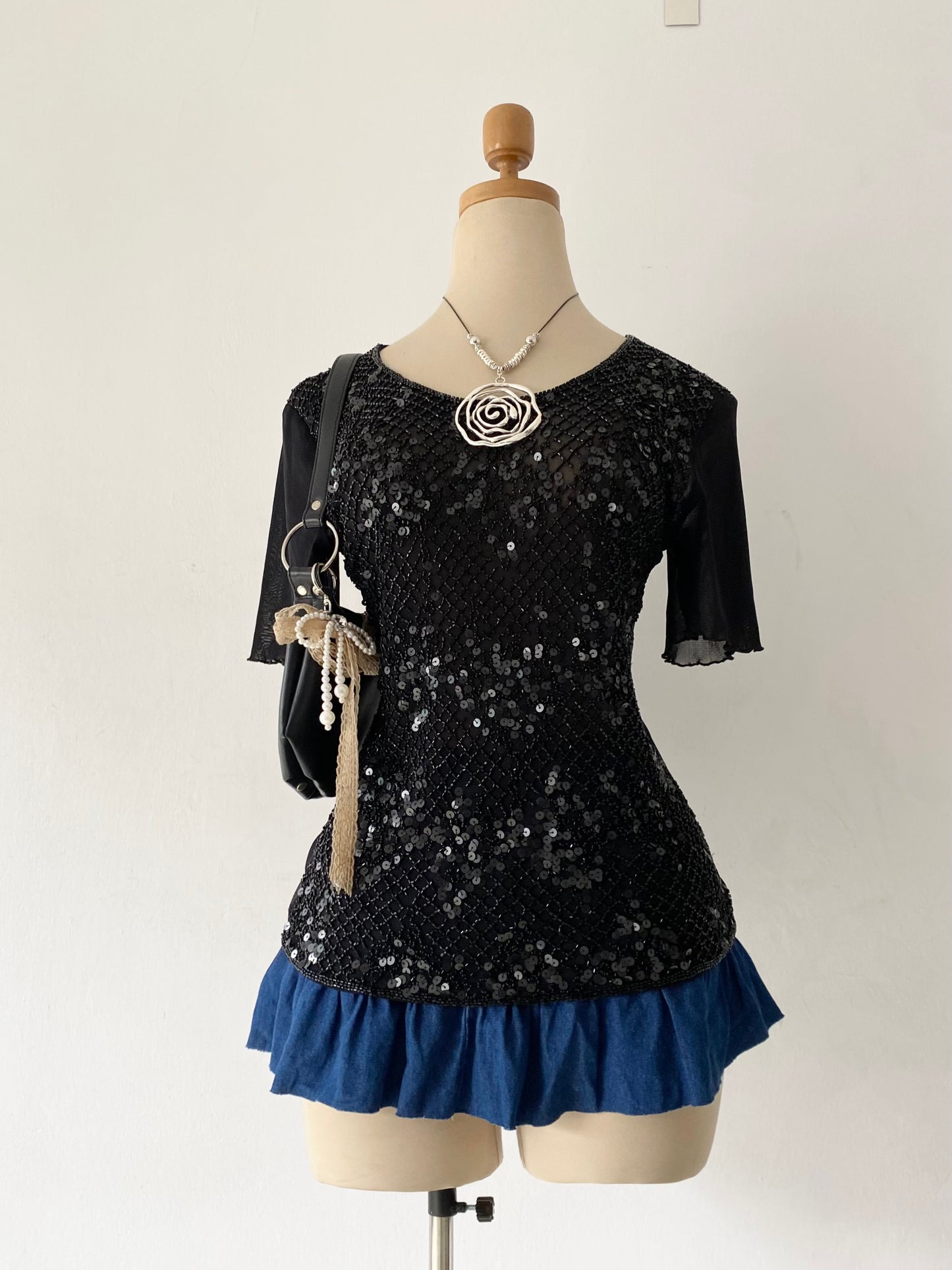 Black sequin-embroidered top
