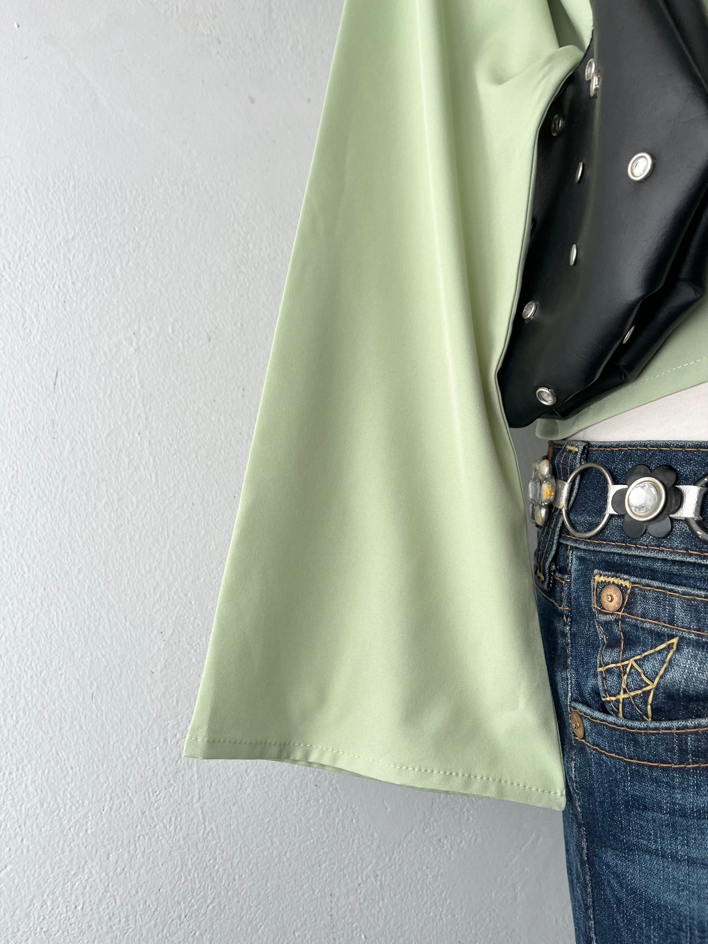 Olive green blouse with bow and wide sleeves