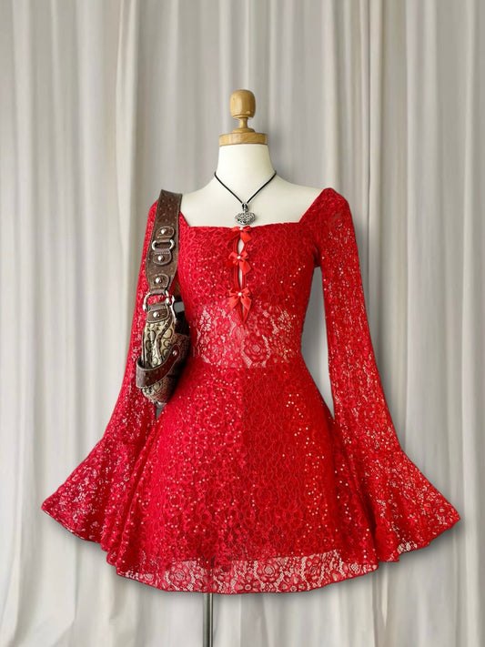 Red lace dress with flared sleeves