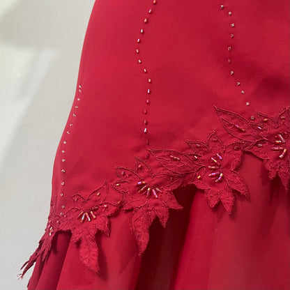 Burgundy assymetrical dress with floral embrodery