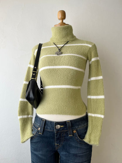 Olive green striped turtleneck sweater