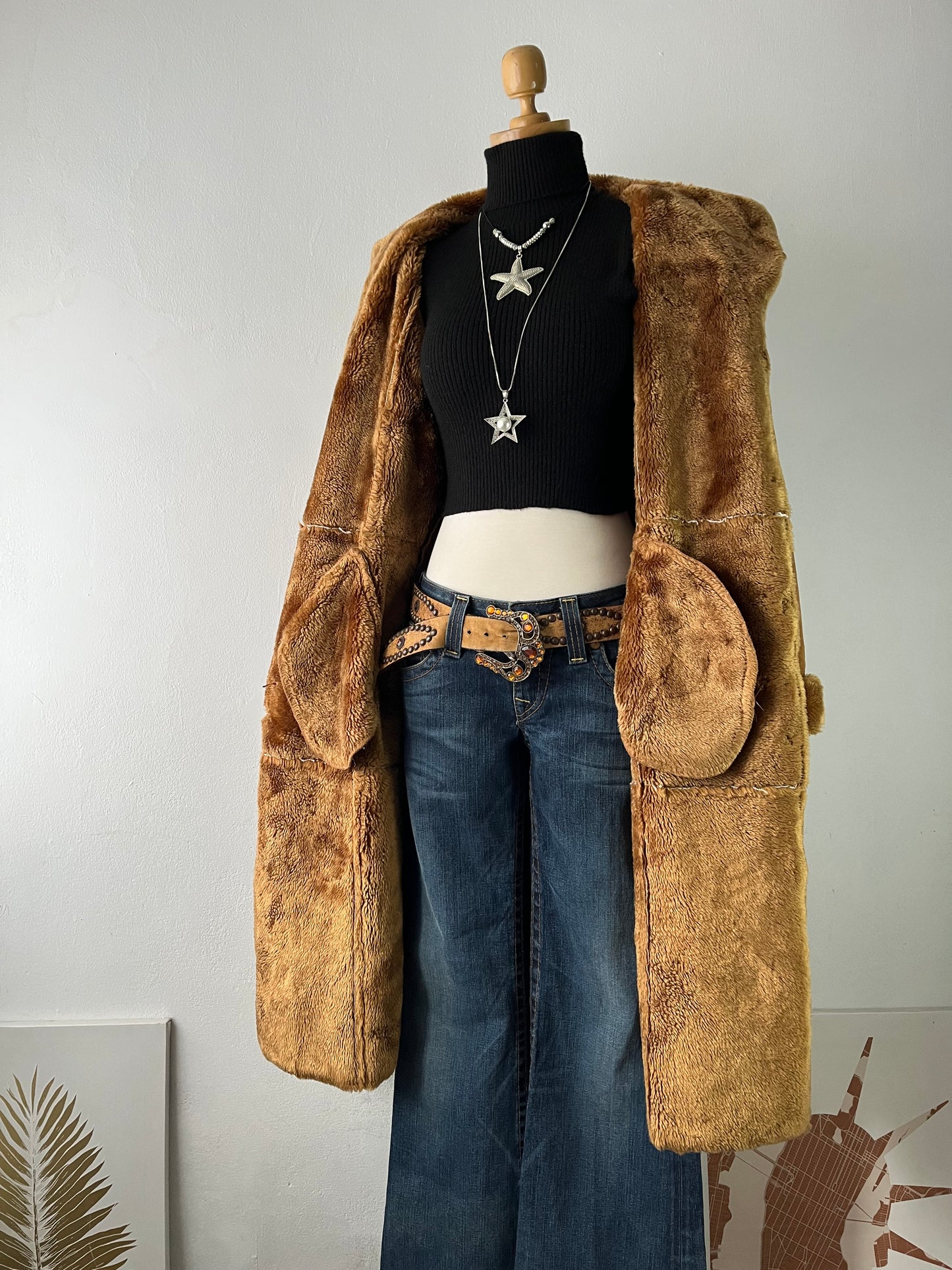 Long camel coat with warm inner lining