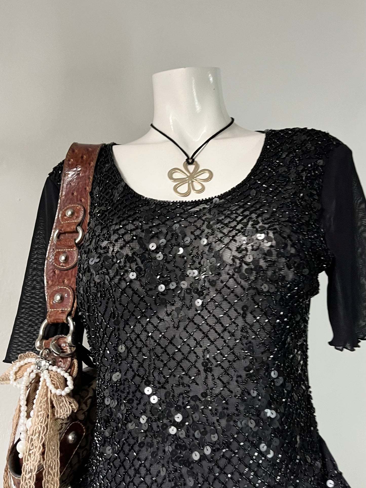 Noir mesh top with sequins and rhinestones