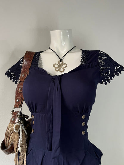 Coquette blue top with lace sleeves
