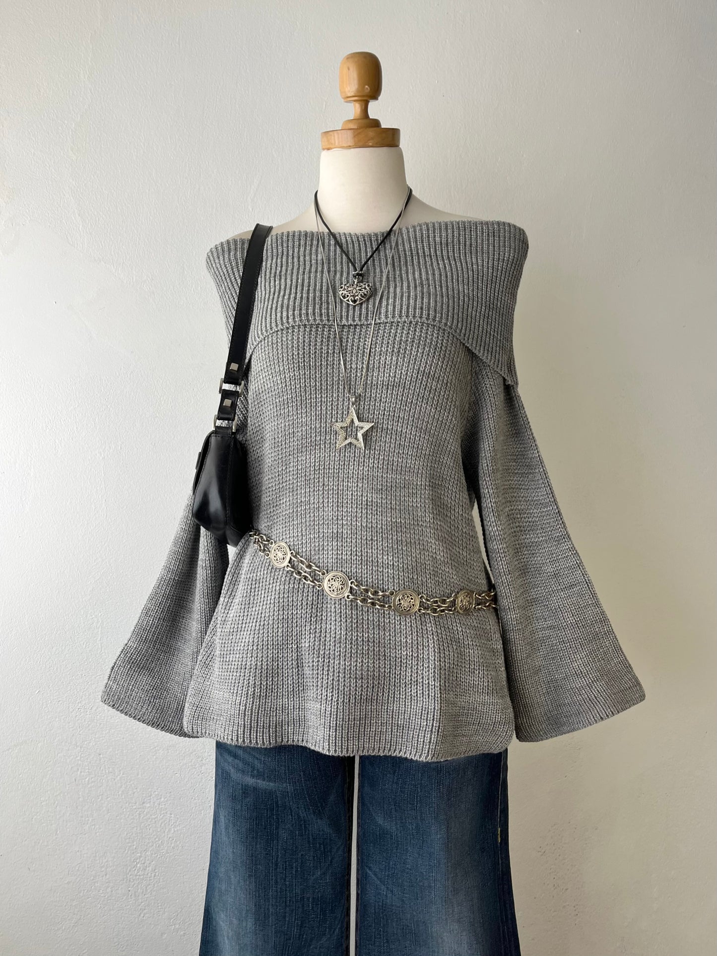 Off shoulder sweater with flared sleeves